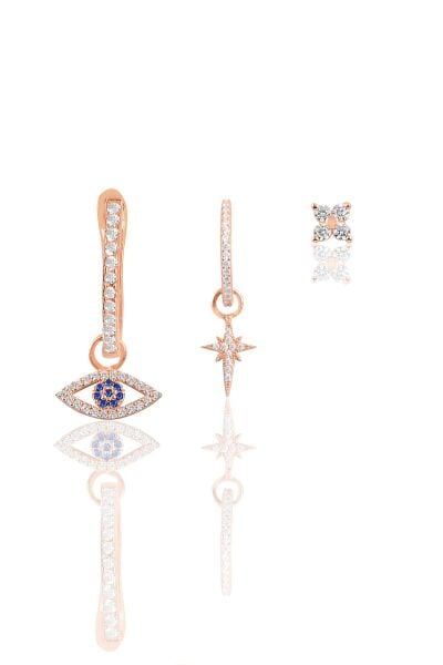 Gümüş rose zirkon taşlı kombin üçlü küpe seti SGTL11648ROSE