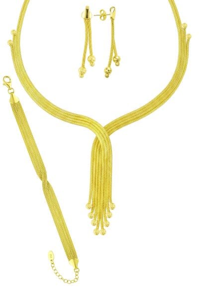 925 Ayar Gümüş Altın Kaplama Sade Kalze Set - Burgu Geçişli Örgü Püsküllü Kruvaze Püsküllü Düğün & Gelin Takı Seti SGTL13524GOLD