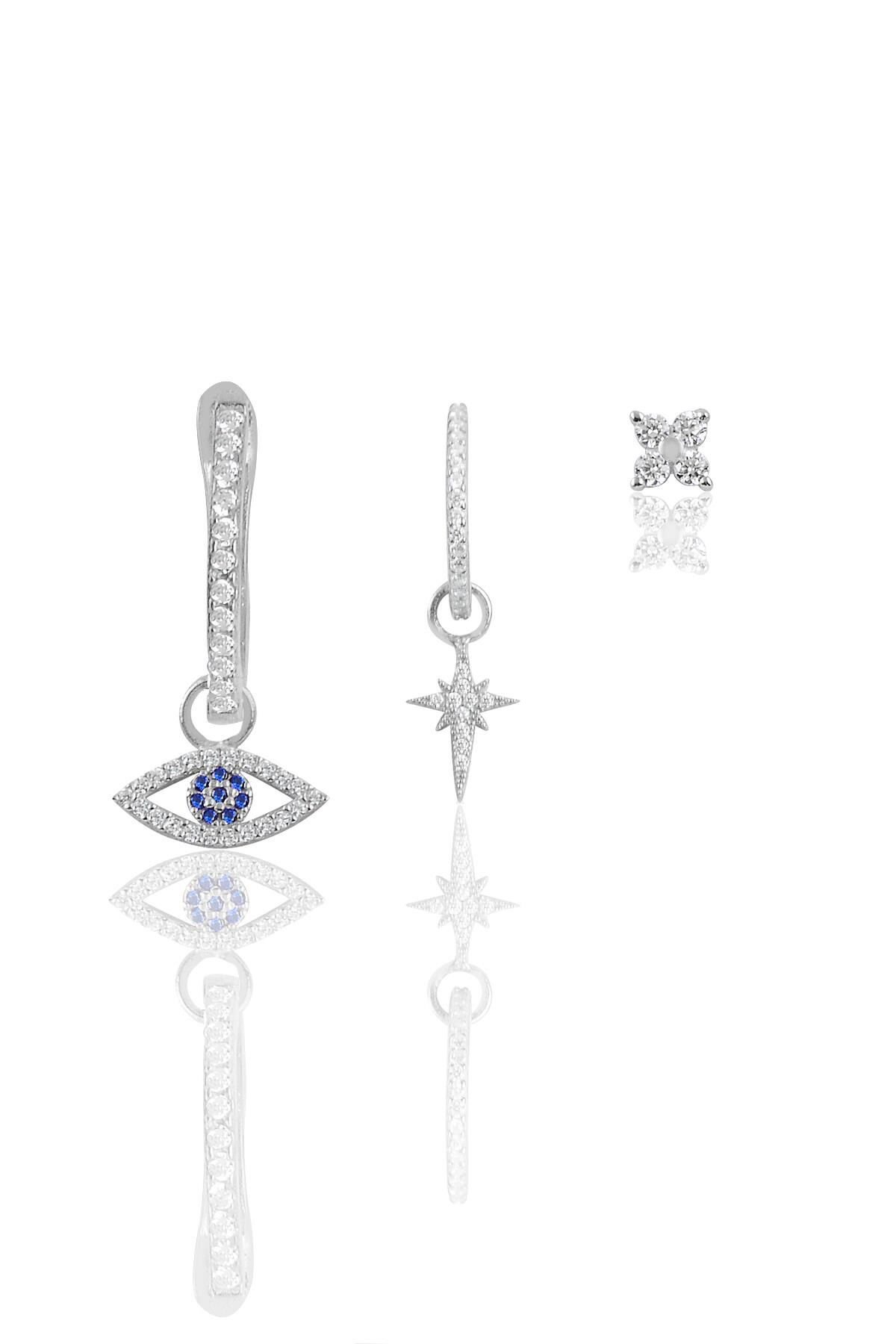 Gümüş rodyumlu zirkon taşlı kombin üçlü küpe seti SGTL11648RODAJ