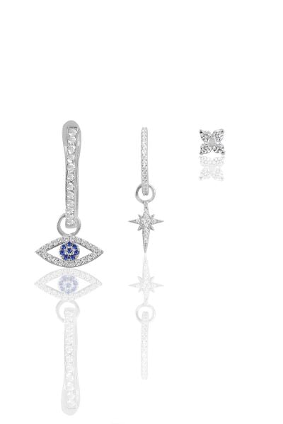 Gümüş rodyumlu zirkon taşlı kombin üçlü küpe seti SGTL11648RODAJ