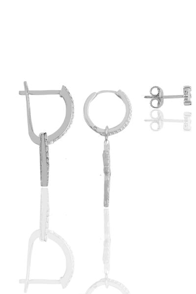 Gümüş rodyumlu zirkon taşlı kombin üçlü küpe seti SGTL11648RODAJ