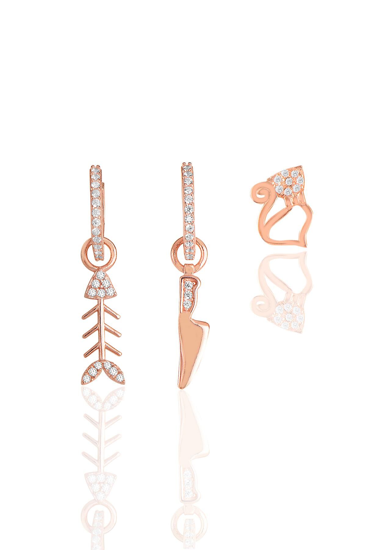 Gümüş rose zirkon taşlı balık kombin üçlü küpe seti SGTL11647ROSE