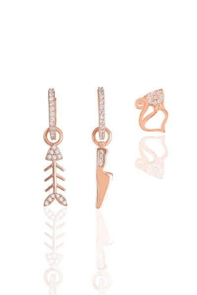 Gümüş rose zirkon taşlı balık kombin üçlü küpe seti SGTL11647ROSE