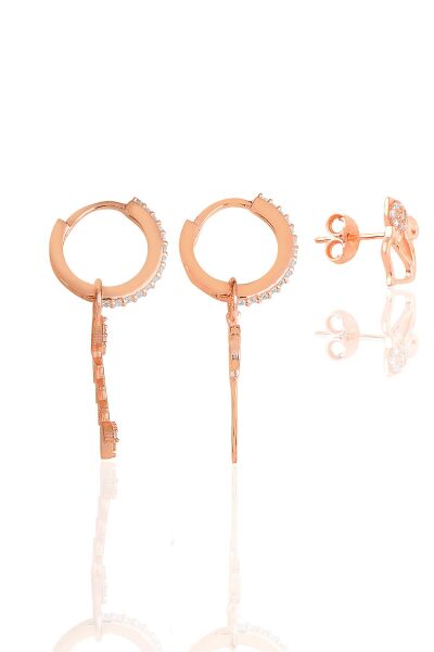 Gümüş rose zirkon taşlı balık kombin üçlü küpe seti SGTL11647ROSE