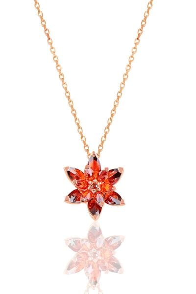 Gümüş rose taşlı nilüfer lotus çiçeği kolye Kırmızı