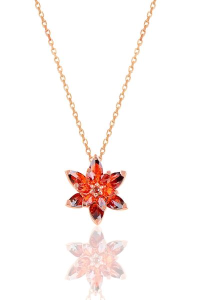 Gümüş rose taşlı nilüfer lotus çiçeği kolye Kırmızı
