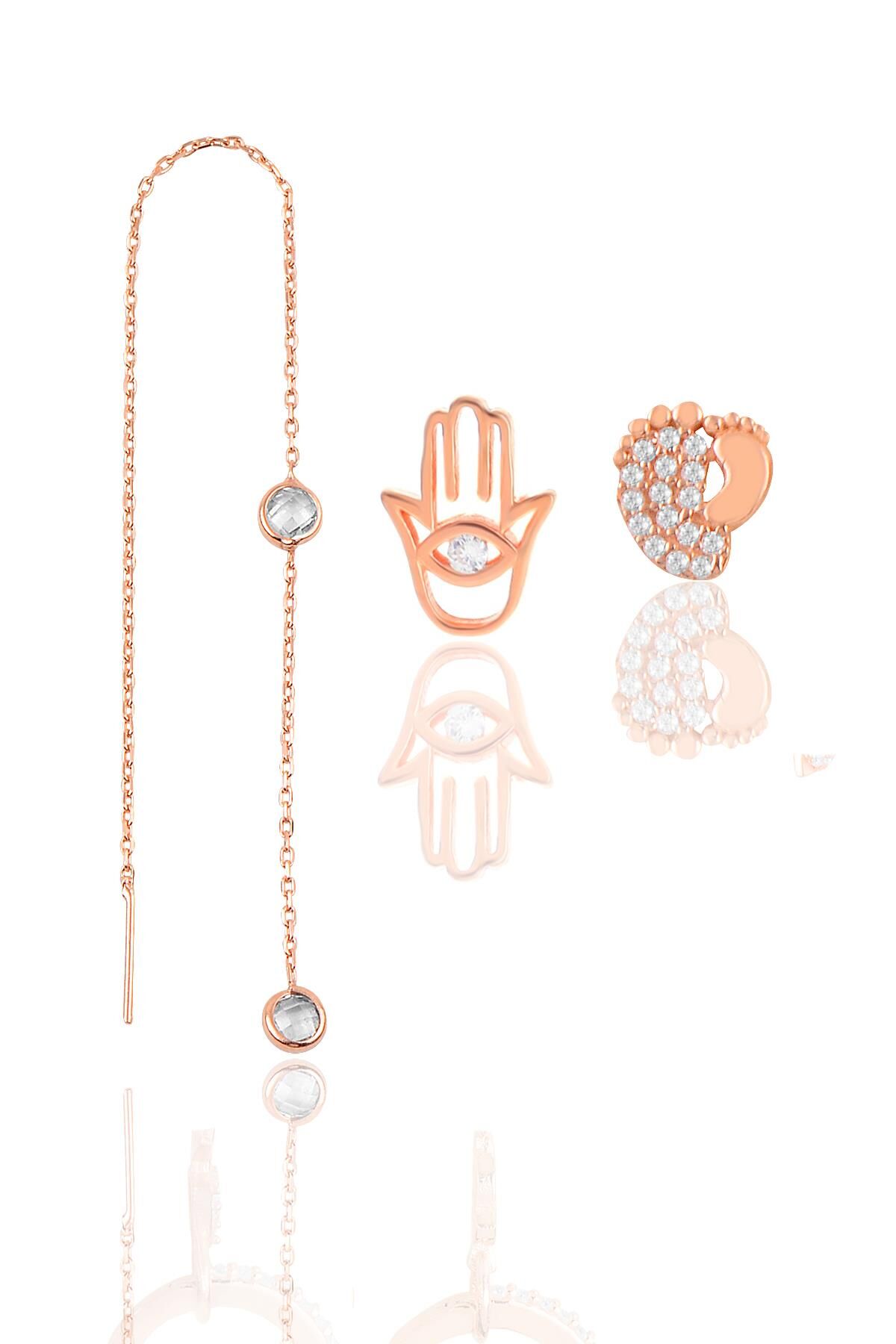 Gümüş rose zirkon taşlı kombin üçlü küpe seti SGTL11646ROSE