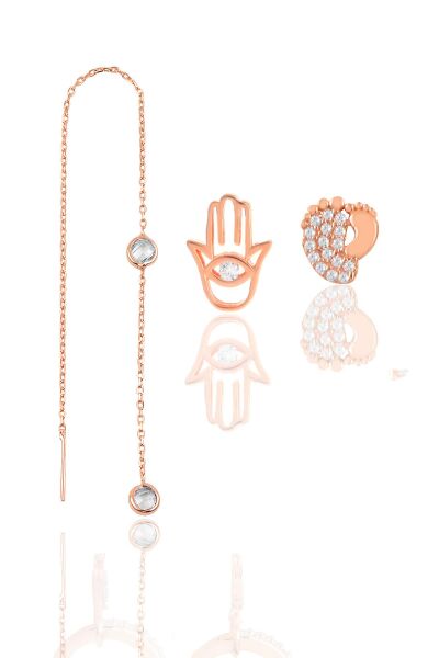 Gümüş rose zirkon taşlı kombin üçlü küpe seti SGTL11646ROSE