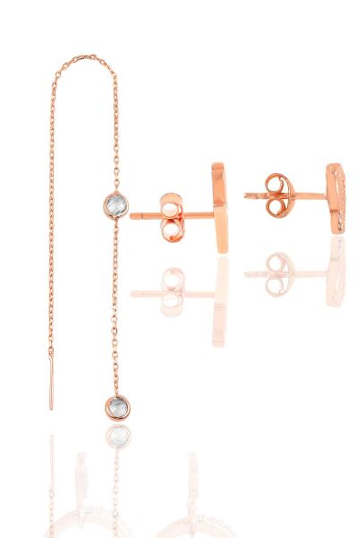 Gümüş rose zirkon taşlı kombin üçlü küpe seti SGTL11646ROSE