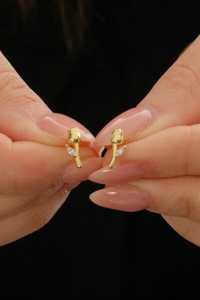 Gümüş altın yaldızlı markız kesim zirkon taşlı lale küpe SGTL12835GOLD