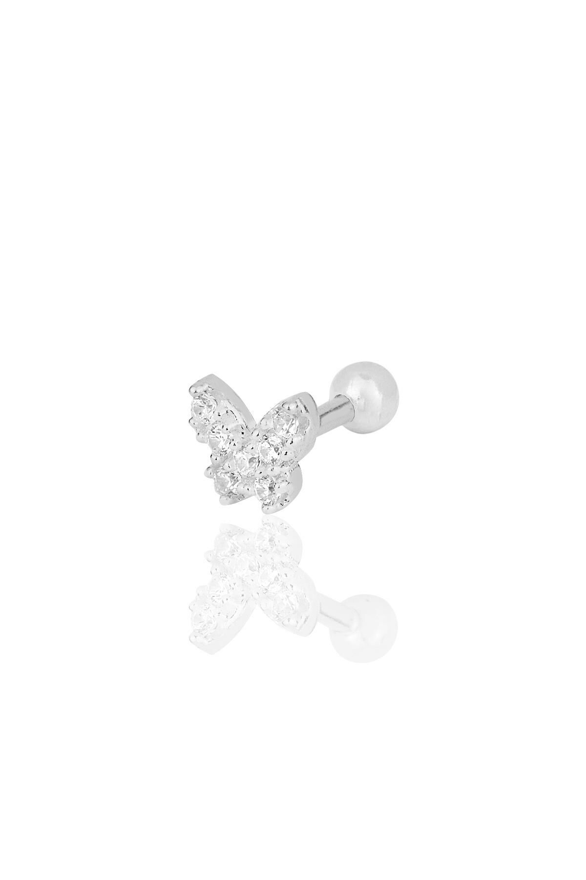 Gümüş rodyumlu zirkon taşlı kelebek modeli Tragus helix Piercing küpe SGTL12198RODAJ