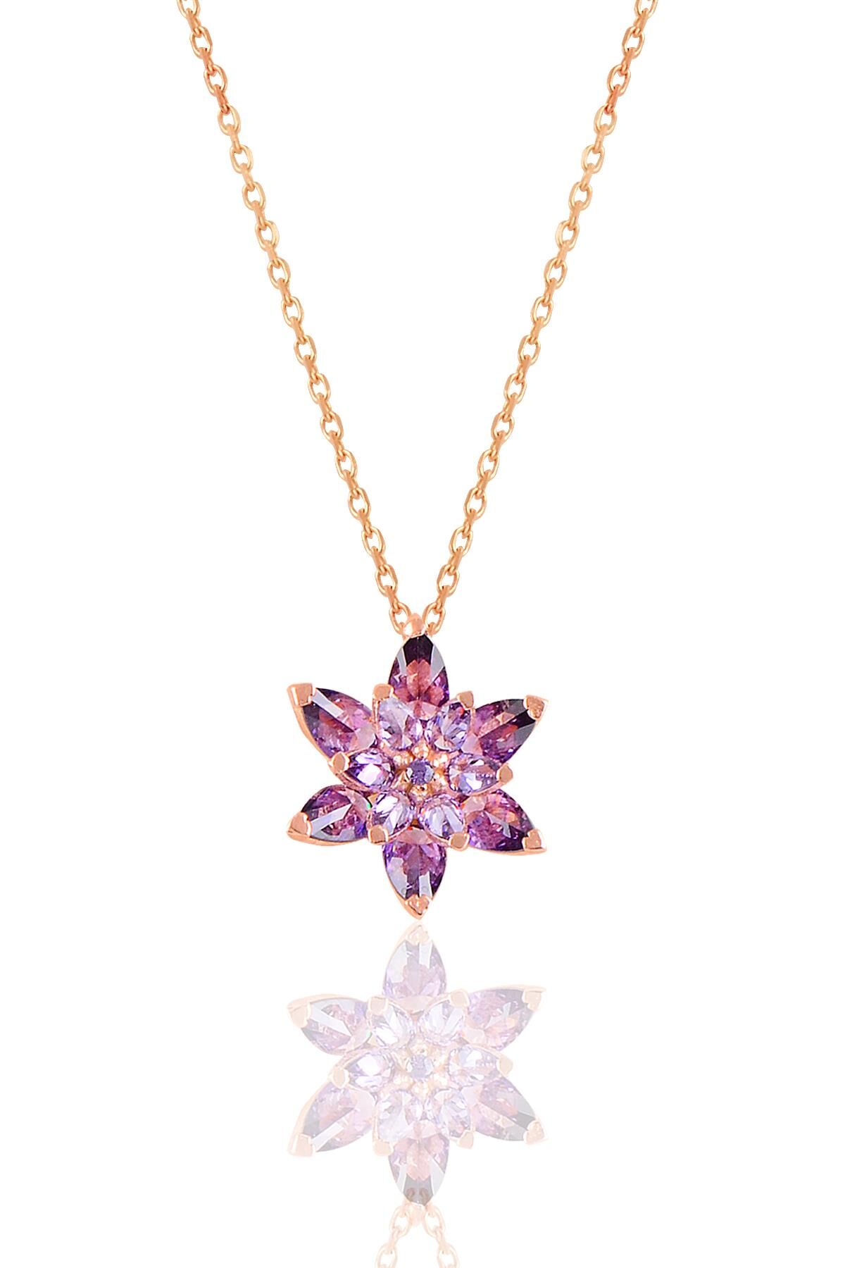 Gümüş rose taşlı nilüfer lotus çiçeği kolye Mor