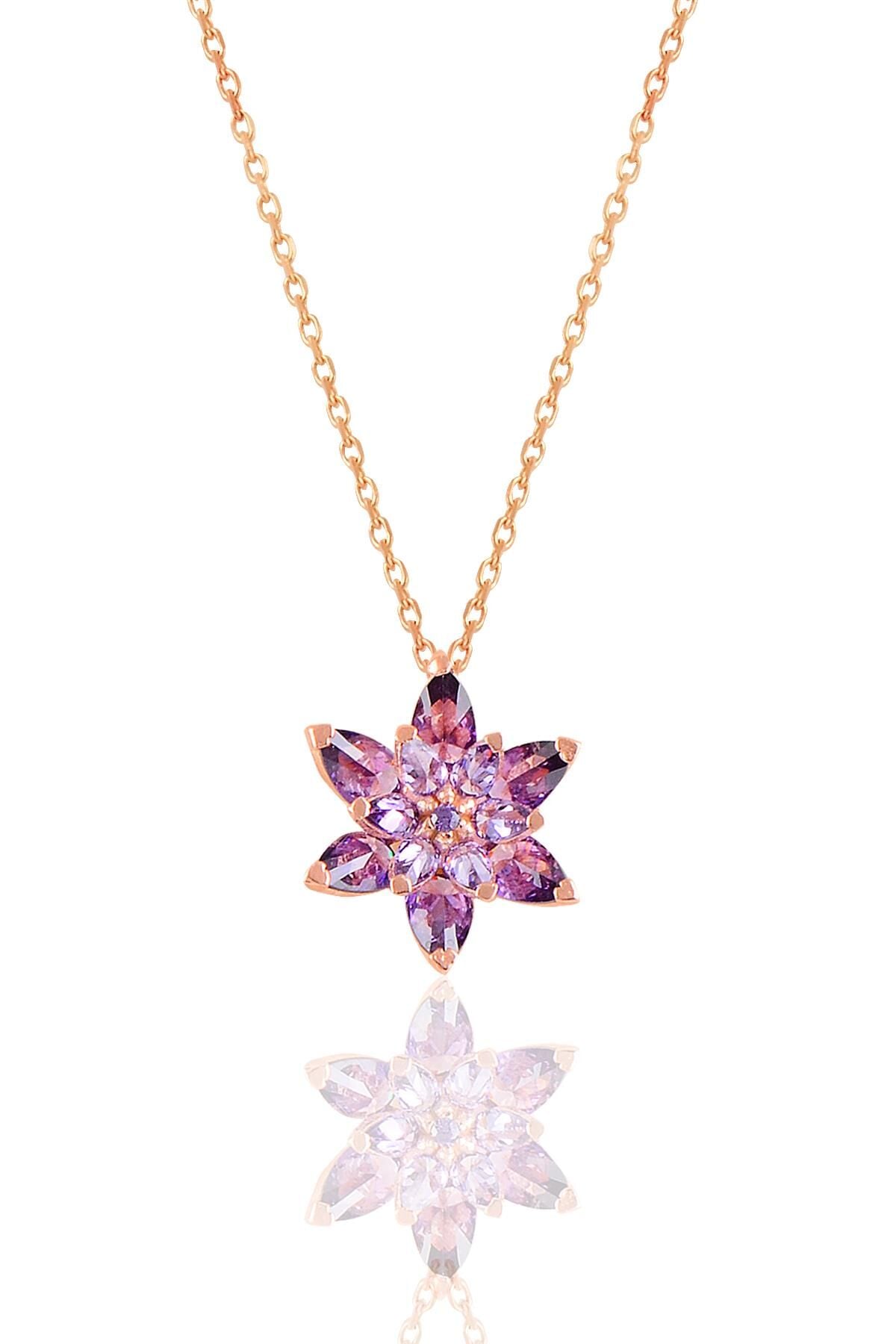 Gümüş rose taşlı nilüfer lotus çiçeği kolye Mor