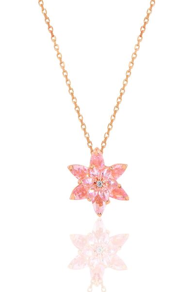 Gümüş rose taşlı nilüfer lotus çiçeği kolye Pembe