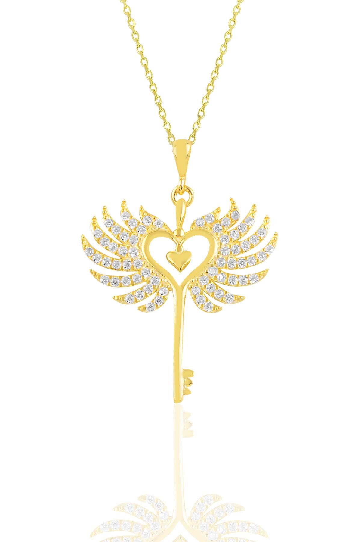 Gümüş altın yaldızlı zirkon taşlı kalbin anahtarı kolye SGTL10900GOLD
