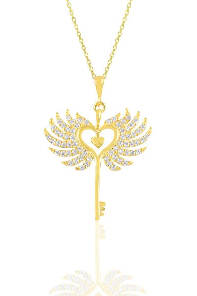 Gümüş altın yaldızlı zirkon taşlı kalbin anahtarı kolye SGTL10900GOLD