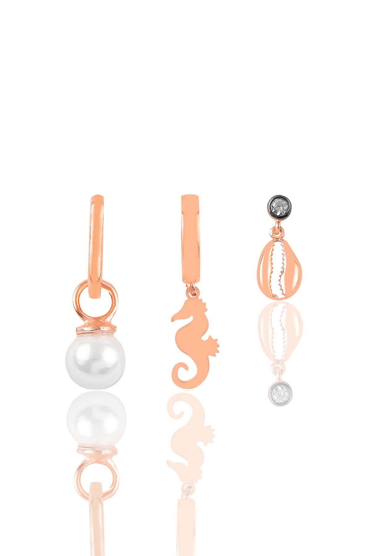 Gümüş rose incili deniz temalı kombin üçlü küpe seti SGTL11643ROSE