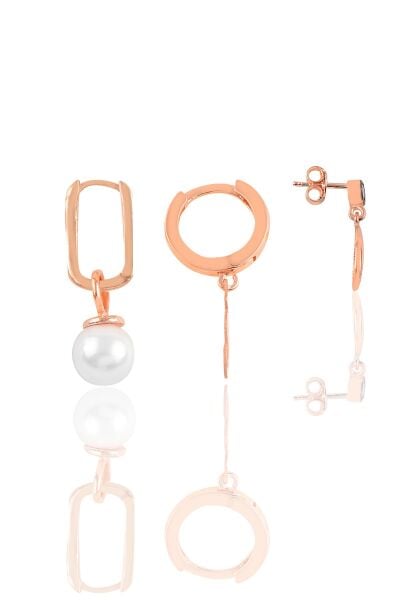 Gümüş rose incili deniz temalı kombin üçlü küpe seti SGTL11643ROSE