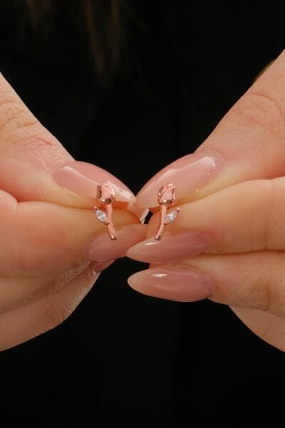 Gümüş rose markız kesim zirkon taşlı lale küpe SGTL12835ROSE