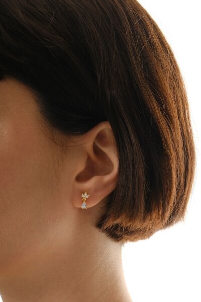 Gümüş altın yaldızlı zirkon taşlı damla sallantılı lotus küpe SGTL12836GOLD