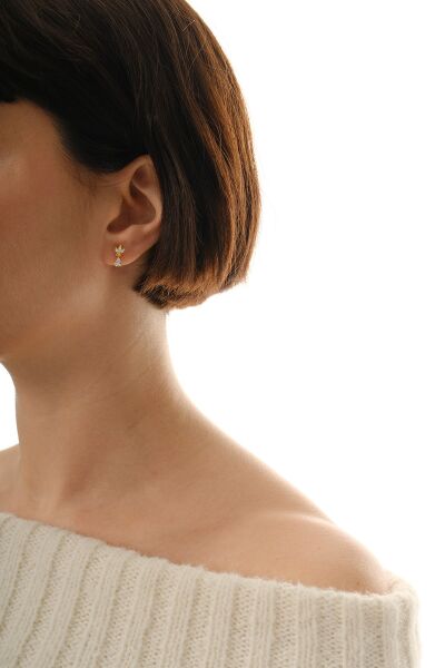 Gümüş altın yaldızlı zirkon taşlı damla sallantılı lotus küpe SGTL12836GOLD