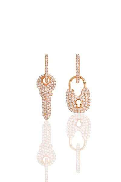 Gümüş rose zirkon taşlı kilit ve anahtar kombin küpe SGTL11642ROSE