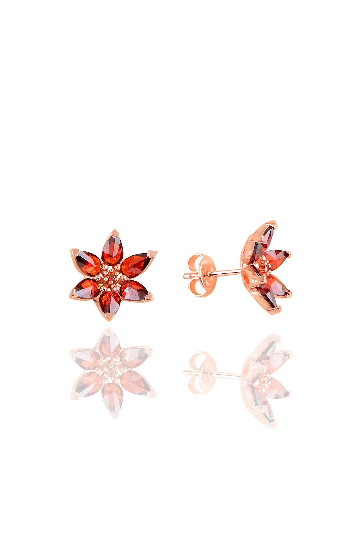 Gümüş rose  taşlı nilüfer lotus çiçeği küpe Kırmızı