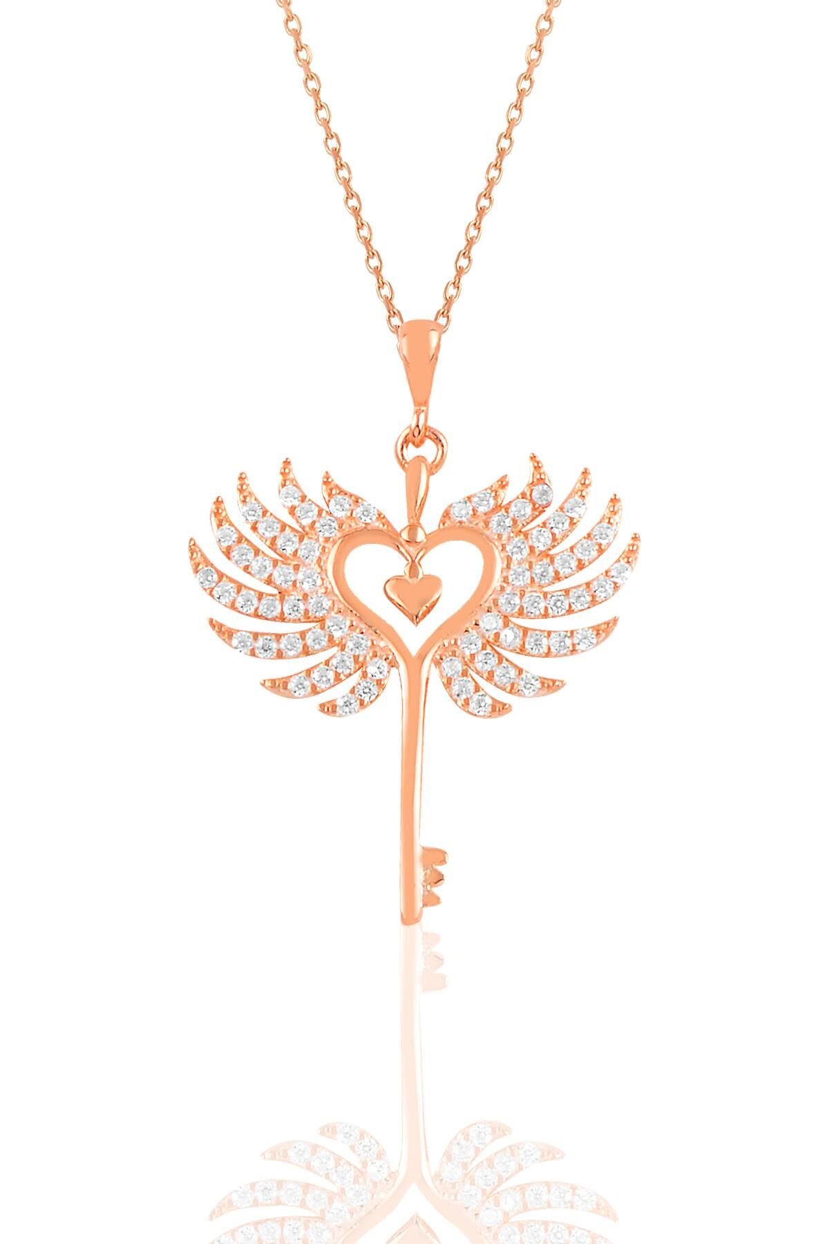Gümüş rose zirkon taşlı kalbin anahtarı kolye SGTL10900ROSE
