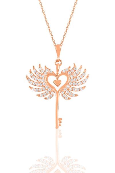 Gümüş rose zirkon taşlı kalbin anahtarı kolye SGTL10900ROSE
