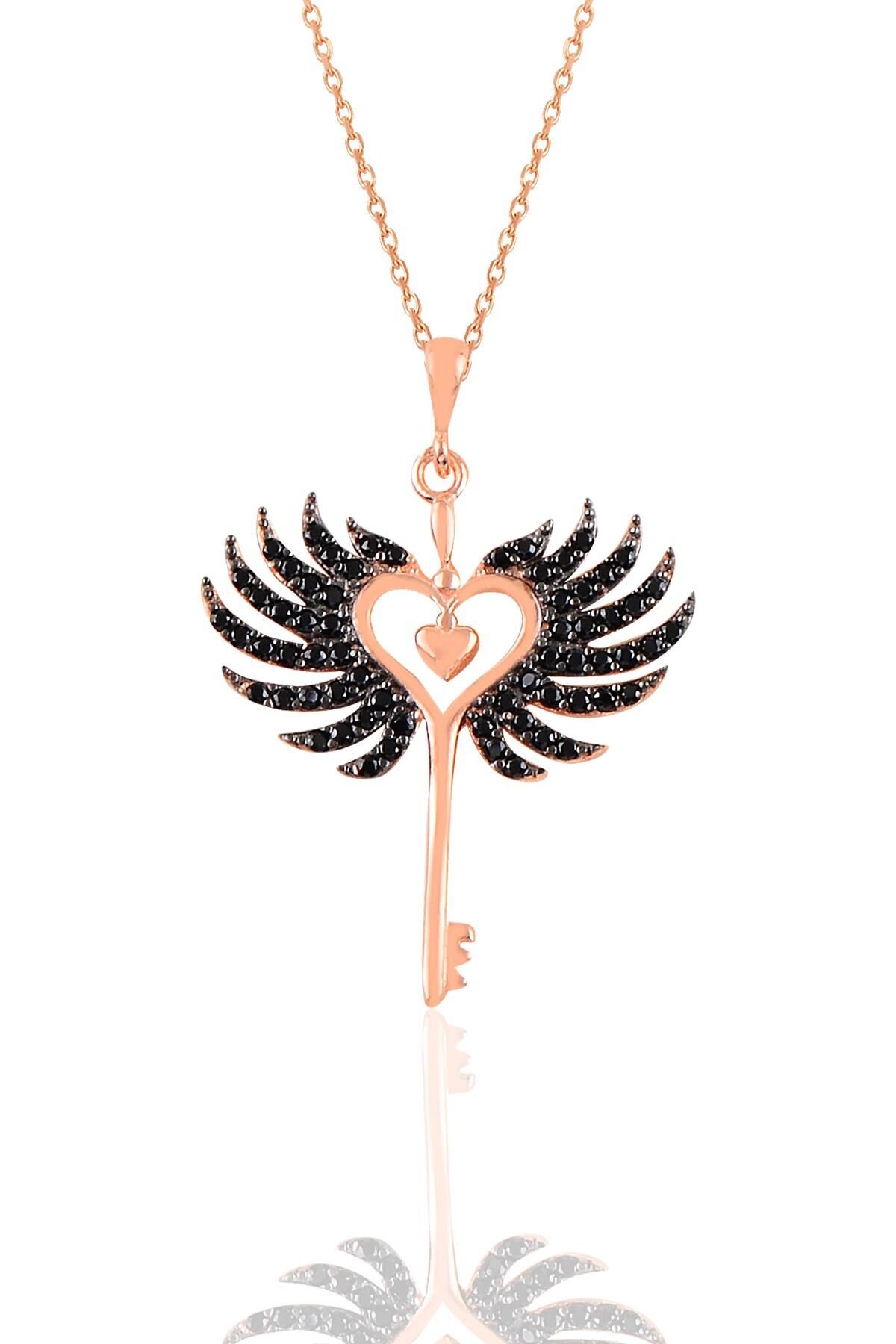 Gümüş rose siyah taşlı  kalbin anahtarı kolye SGTL10900SYH