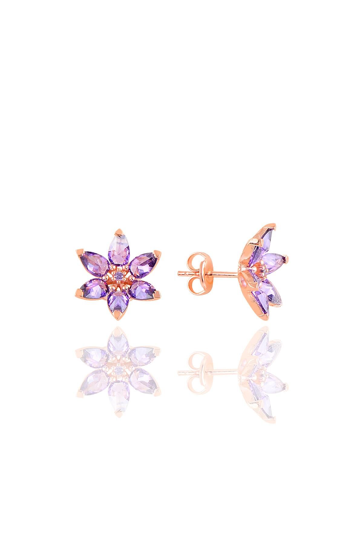 Gümüş rose  taşlı nilüfer lotus çiçeği küpe Mor