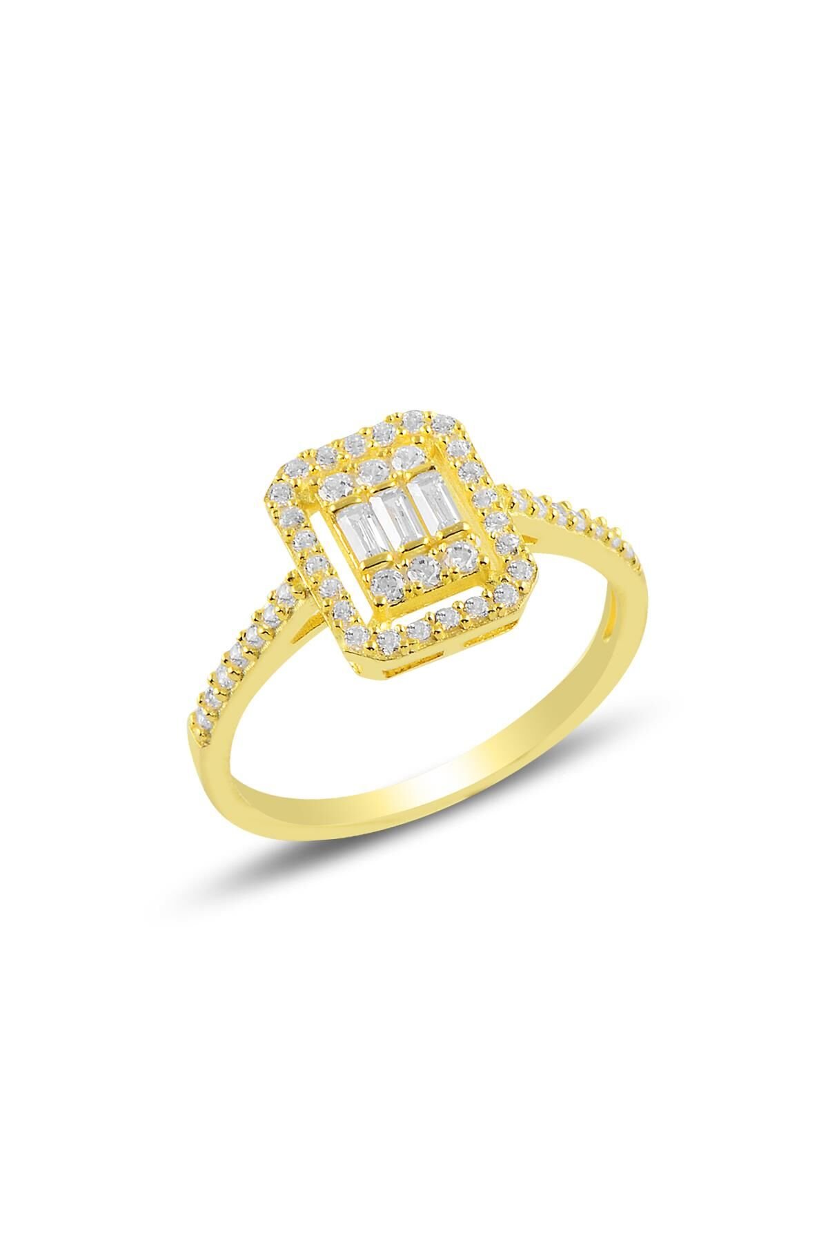 Gümüş yaldızlı pırlanta montürlü baget taşlı yüzük SGTL10677BYZ