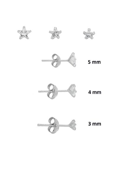 925 Ayar Gümüş 3'lü Tekli Kombin Set Yıldız Kesim Zirkon Taşlı Minimal Küpe (3-4-5 mm) SGTL13528RODAJ