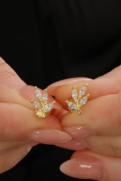 Gümüş altın yaldızlı markız kesim zirkon taşlı yaprak küpe SGTL12837GOLD