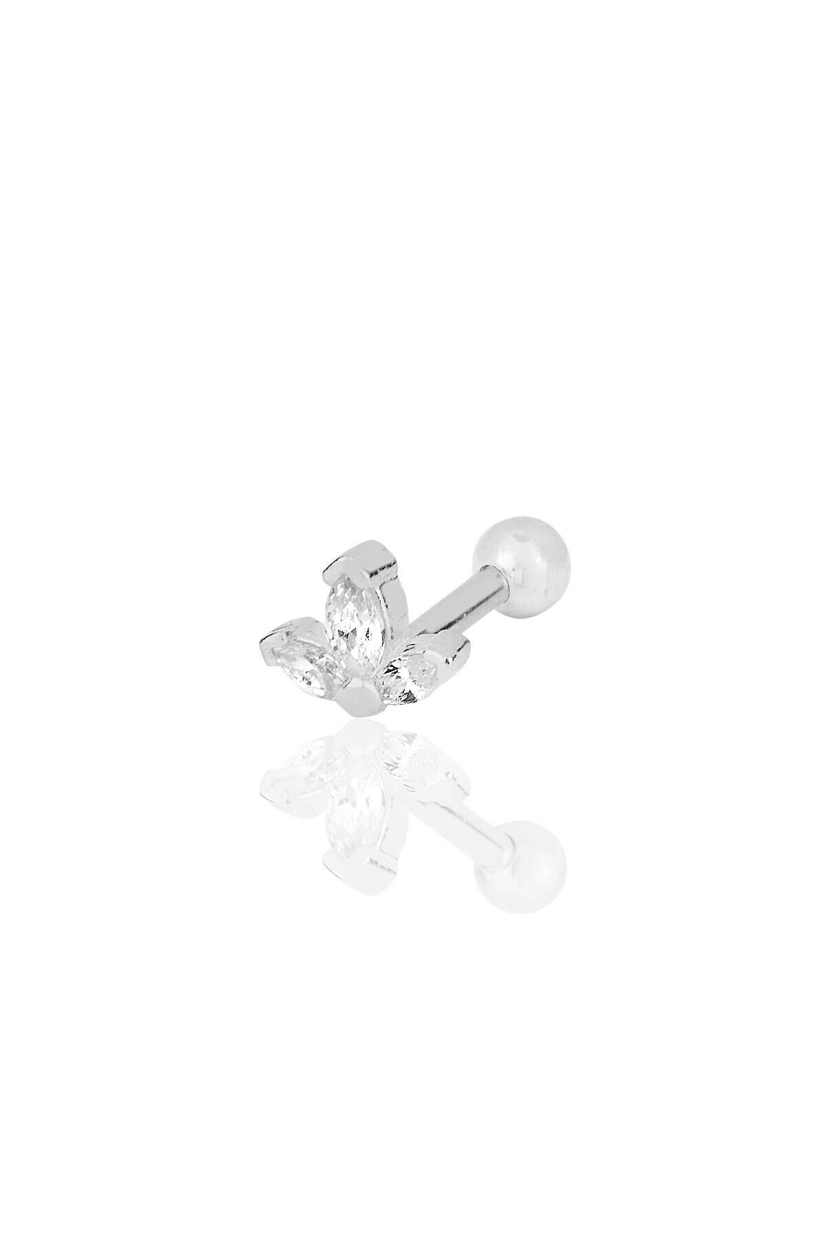 Gümüş rodyumlu zirkon üç taşlı Tragus helix Piercing küpe SGTL12194RODAJ