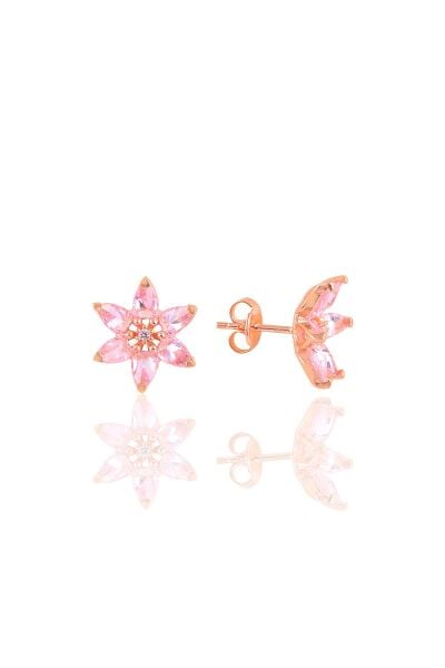 Gümüş rose  taşlı nilüfer lotus çiçeği küpe Pembe