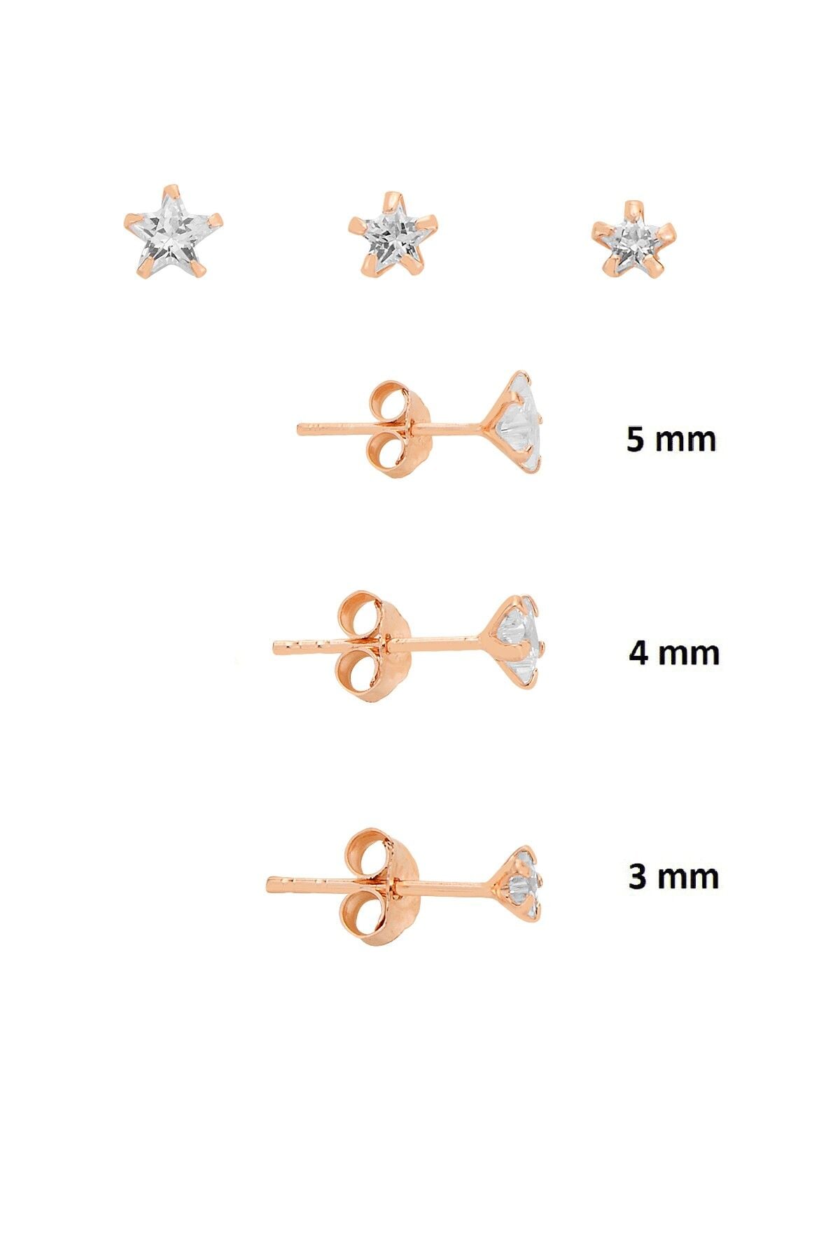 925 Ayar Gümüş Rose Kaplama 3'lü Tekli Kombin Set Yıldız Kesim Zirkon  Taşlı Minimal Küpe (3-4-5 mm) SGTL13528ROSE