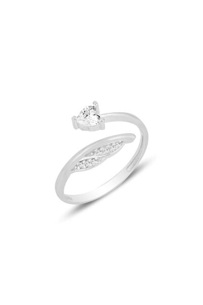 Gümüş rodyumlu zirkon taşlı kalp ve yaprak modeli ayarlamalı yüzük SGTL12167RODAJ