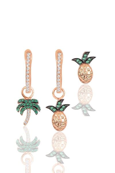 Gümüş rose zirkon taşlı tropikal kombin üçlü küpe seti SGTL11640ROSE