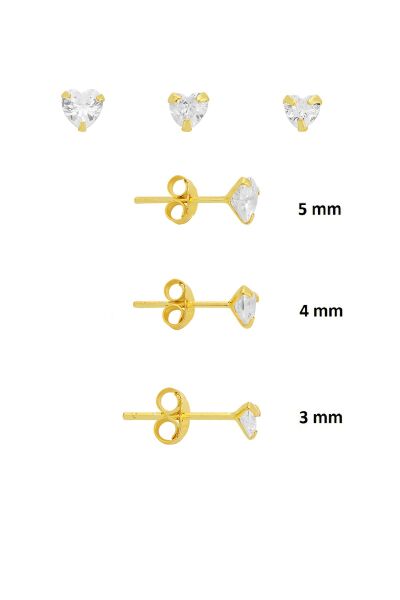 925 Ayar Gümüş Altın Kaplama 3'lü Tekli Kombin Set Kalp Kesim Zirkon  Taşlı Minimal Küpe (3-4-5 mm) SGTL13529GOLD