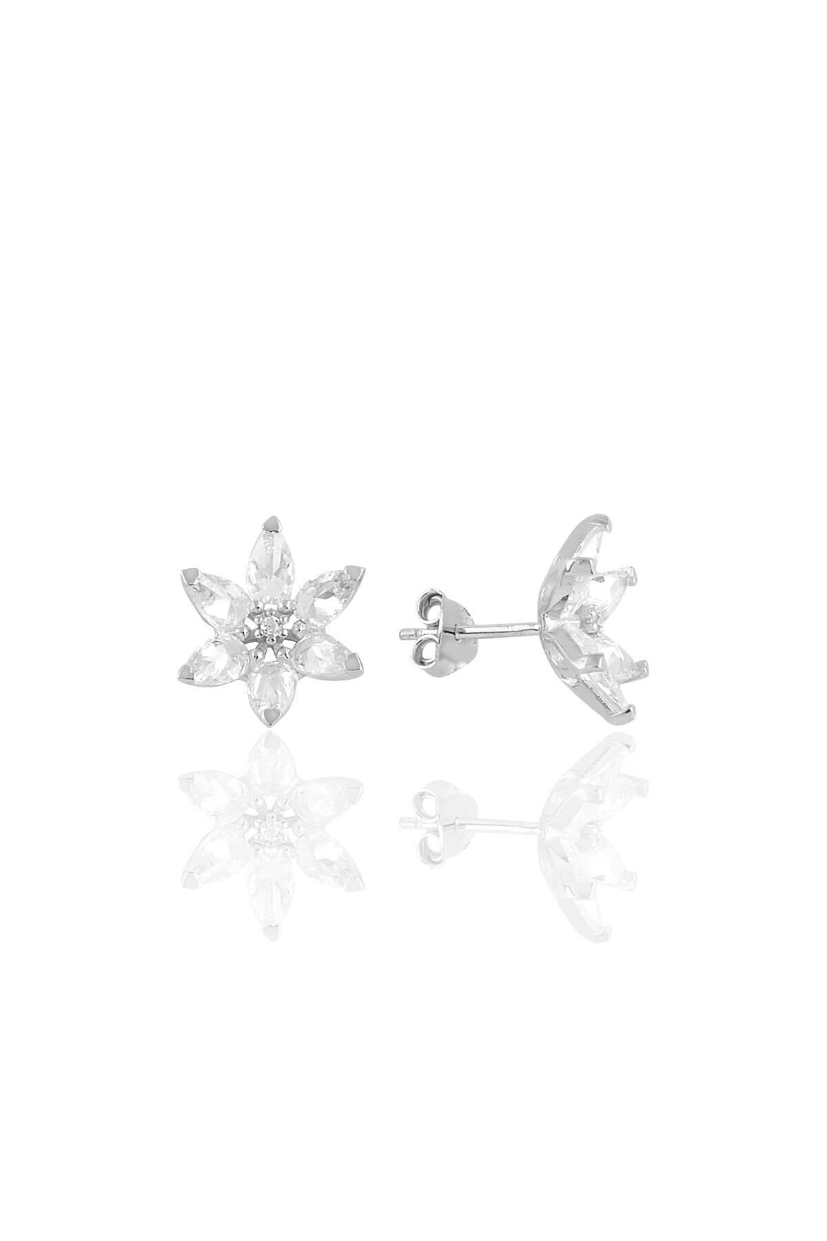 Gümüş beyaz taşlı nilüfer lotus çiçeği küpe Beyaz