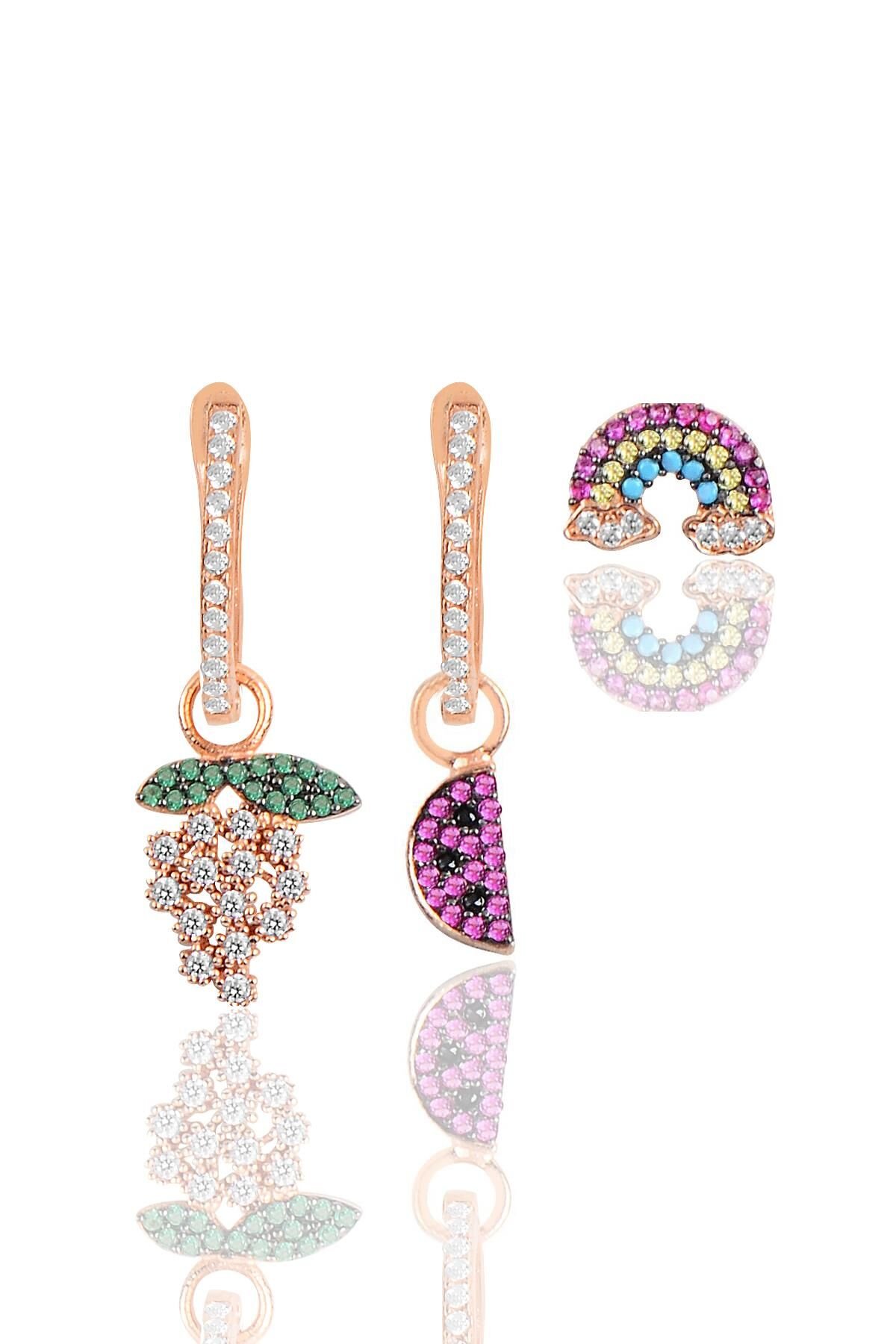 Gümüş rose zirkon taşlı  kombin üçlü küpe seti SGTL11639ROSE