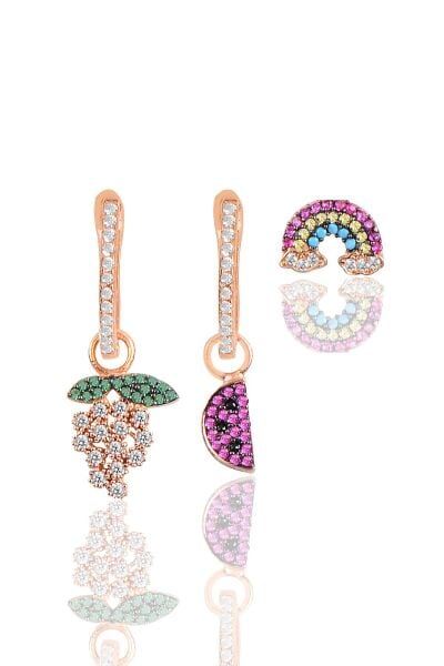 Gümüş rose zirkon taşlı  kombin üçlü küpe seti SGTL11639ROSE