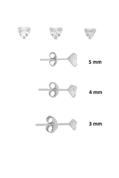 925 Ayar Gümüş 3'lü Tekli Kombin Set Kalp Kesim Zirkon Taşlı Minimal Küpe (3-4-5 mm) SGTL13529RODAJ