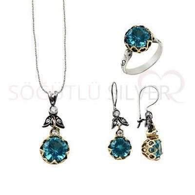 akuamarin taşlı otantik üçlü set set8442