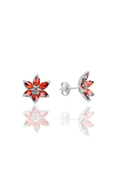 Gümüş beyaz taşlı nilüfer lotus çiçeği küpe Kırmızı