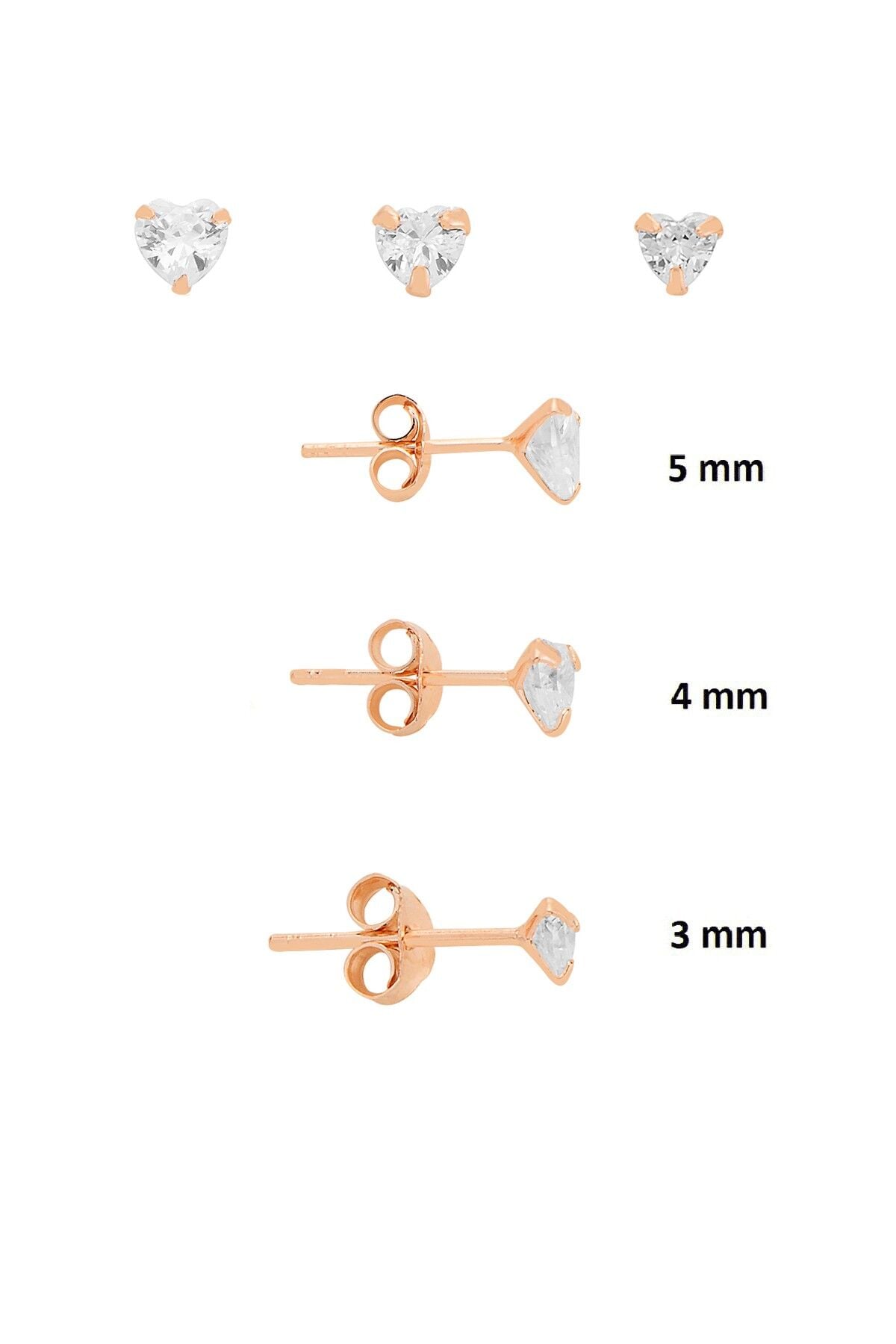 925 Ayar Gümüş Rose Kaplama 3'lü Tekli Kombin Set Kalp Kesim Zirkon Taşlı Minimal Küpe (3-4-5 mm) SGTL13529ROSE