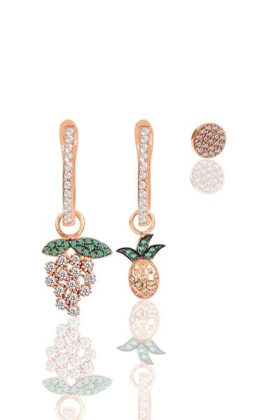 Gümüş rose zirkon taşlı meyve kombin üçlü küpe seti SGTL11637ROSE