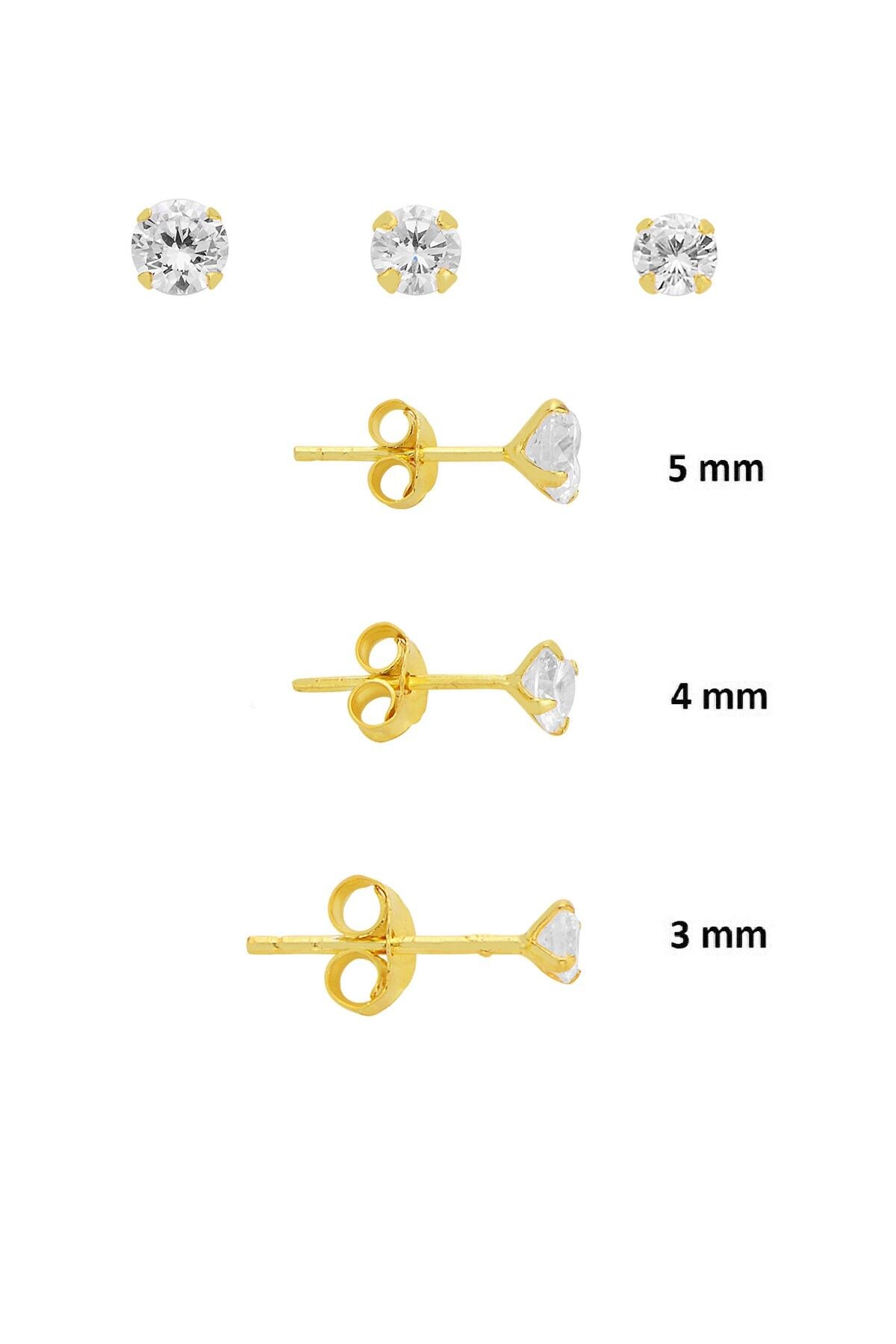 925 Ayar Gümüş Altın Kaplama 3'lü Tekli Kombin Set Yuvarlak Tektaş Minimal Küpe (3-4-5 mm) SGTL13530GOLD