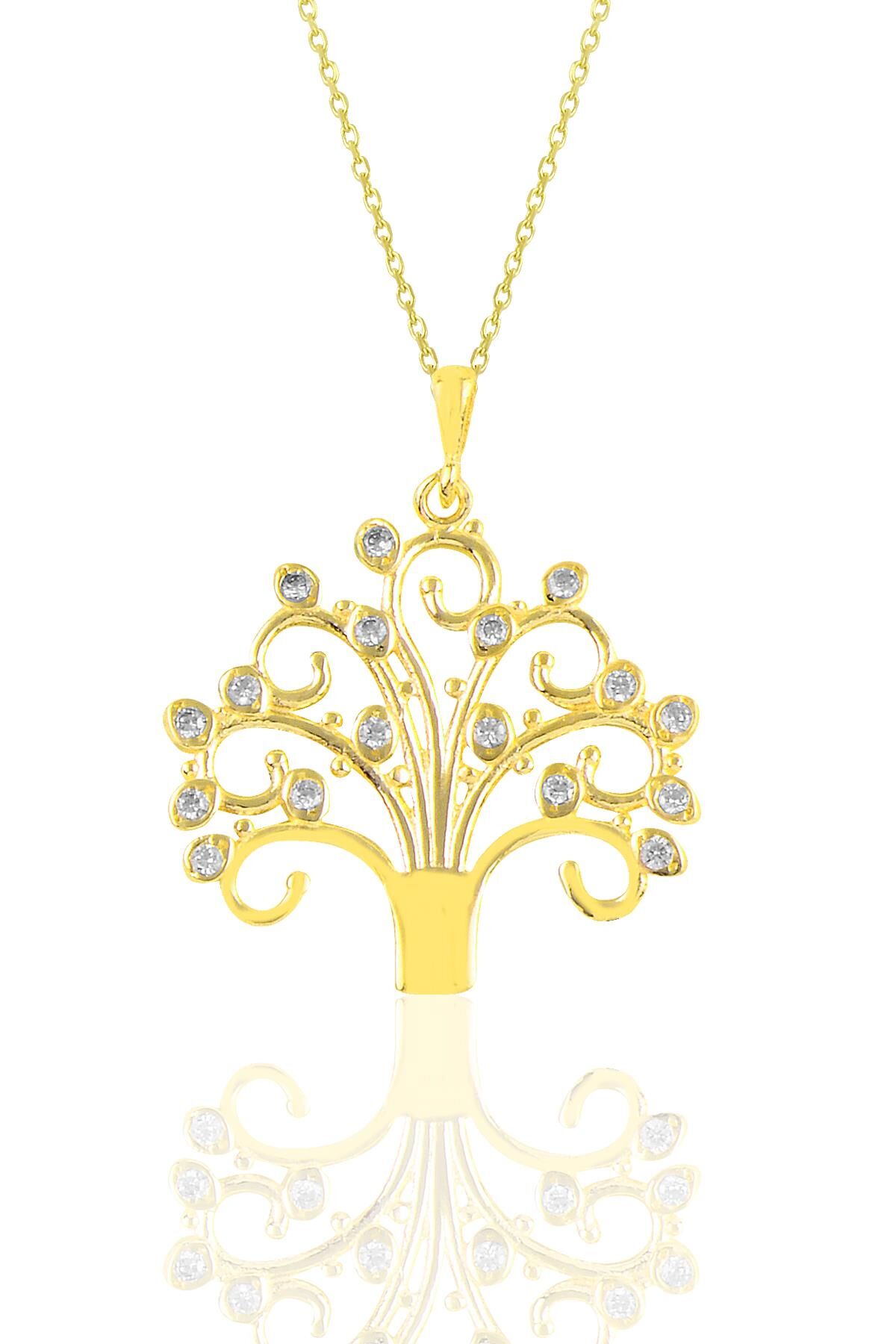 Gümüş altın yaldızlı zirkon taşlı dilek ağacı kolye  SGTL10904GOLD